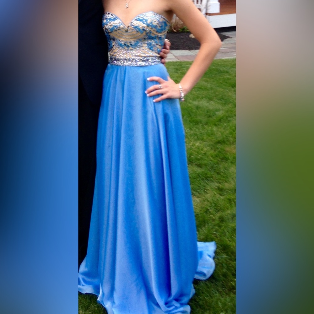 Sherri Hill Blue and Gold Strapless Prom Dress